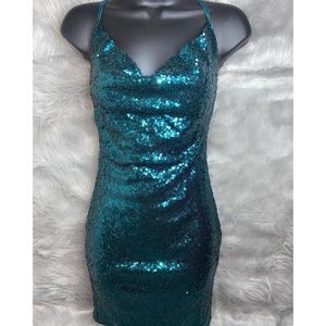EUC Teal Drape Neck Sequin Dress